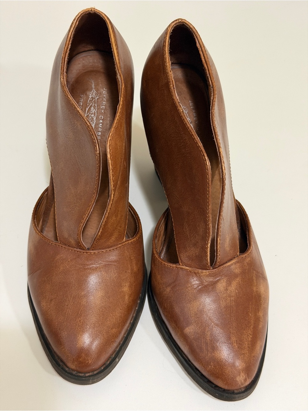 Jeffrey Campbell for Free People Cognac Leather Sculpted Pointed-Toe Heels